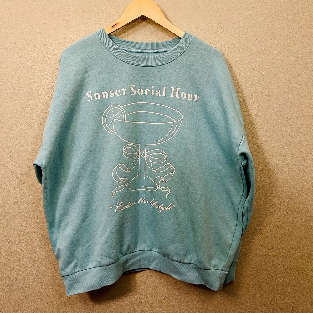 NoBo Crewneck Sweater Sunset‎ Social Hour Margarita Aqua Blue Vacation Beach XXL